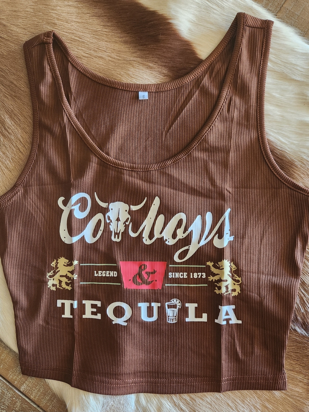Brown Cotton Ribbed Tank Top with Tequila Graphic
